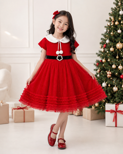 Robe de Noël en tulle rouge pour filles avec col Peter Pan - Robe de princesse pour les fêtes - Product Image 4