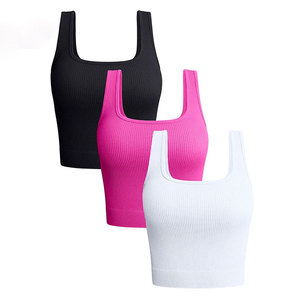 Women Solid O-Neck Ribbed Tank Top Summer Basic Elastic Sleeveless Crop Tops Polyester/Cotton Front Logo - Product Image 1