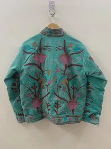 Chaqueta Unisex Reversible de Terciopelo de Algodón Azul Turquesa Hecha a Mano con Bordado Suzani Floral Transpirable - Product Image 3