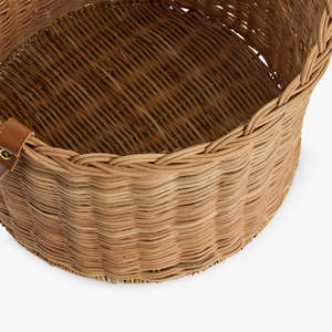 Panier rond en rotin naturel en gros avec poignées en cuir, panier de rangement en osier, organisateur de décoration bohème pour salon - Product Image 6