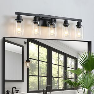 Applique da Parete Industriale Moderna Nera da 31 Pollici a 5 Luci per Bagno con Paralumi in Vetro Trasparente, Specchio e Illuminazione per Vanità - Product Image 3
