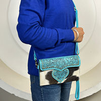 Tas Selempang Mini Kulit Sapi Asli Motif Hati Turquoise Barat, Terlaris, Dengan Tali Bahu Yang Dapat Disesuaikan