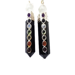 Colgantes de Ágata Negra de Siete Chakras con Punta de Lápiz Hexagonal, Plateados en Plata Antigua, Curativos y Equilibrantes, Estilo Bohemio - Product Image 1