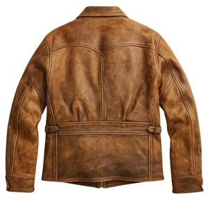 Veste en cuir véritable vintage pour homme, col rabattu, fermeture éclair, couleur unie, style motard pour l'automne - Product Image 5
