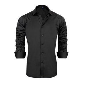 Camisa de Vestir de Manga Larga para Hombre, Negra, de Poliéster, Cuello Clásico, con Botones, Formal, Casual de Negocios, Color Sólido, Antiarrugas - Product Image 1