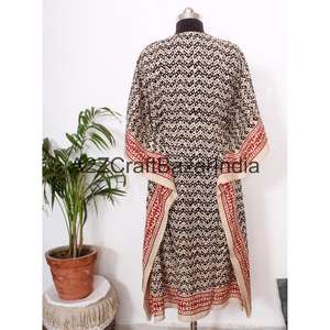 Robe Kaftan Indienne 100% Coton Imprimée au Bloc, Modeste, Faite Main, à Motifs Floraux, Ample, Longue, pour le Quotidien, en Pur Coton, Été Automne - Product Image 3
