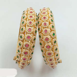 Openable <b>Bangles</b> <b>Set</b> with Gold-Plated Pota Stone and Pearls 2.4 Inches-12162425PGR - Product Image 1