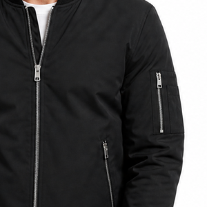 Best selling Men's All Black Bomber <b>Jacket</b> Arm Sleeve Zipper Pocket Solid Black Casual Flight Lightweight <b>Zip</b> <b>Up</b> <b>jacket</b> - Product Image 3