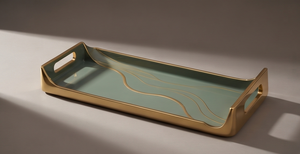 Plateau de service rectangulaire en métal émaillé vert sauge nordique avec accents ondulés dorés et poignées découpées, idéal pour table basse ou ottoman - Product Image 4