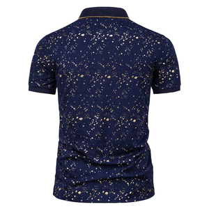 Camisa de Manga Corta para Hombre, Color Azul Marino, con Estampado de Lámina Dorada, Cuello Clásico, Corte Entallado, Casual, Antiarrugas, con Bolsillo - Product Image 6