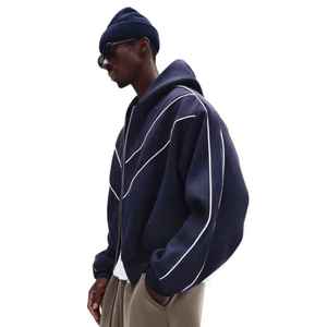 Sweat-shirt unisexe bleu marine à capuche, coupe-vent, fermeture éclair intégrale, couleur unie, streetwear, polyester/coton, léger, coupe classique, été - Product Image 6