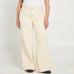 Pantalon large taille haute crème pour femme grande taille, couleur unie, en coton, décontracté, longueur complète, coupe ample avec poches - Product Image 1
