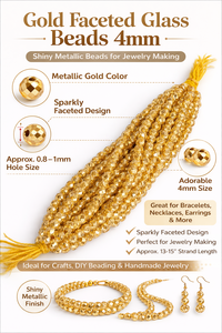 Perles de verre facettées dorées 4 mm, finition métallique brillante, perles rondes pour la fabrication de bijoux, bracelets et colliers - Product Image 6