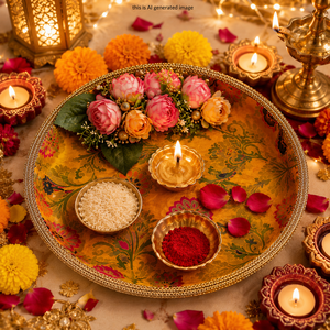 10 Inch Floral Decorative Thali for Aarti Pooja Rakhi Karwa Chauth Wedding Festive Decoration Traditional Indian Pooja Platter - Product Image 4