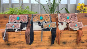 Fashion Elegant Hand Tooled Cowhide Leather Women's Crossbody Bags & Wristlet Clutch High Quality 2 Piece Combo Set for Women's - Product Image 6