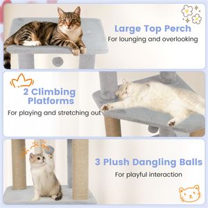 Torre per Gatti Grigio Chiaro da 64 Pollici con Sponde Morbide, 3 Palline Pendenti, Tiragraffi in Juta e Dispositivo Anti-Ribaltamento per Gatti Multipli - Product Image 6