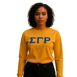 Camiseta de manga larga de sarga con letras de la hermandad griega Gold Sigma Gamma Rho, cuello redondo, para mujer, ropa universitaria, envío en 2 días, personalizada al por mayor - Product Image 1