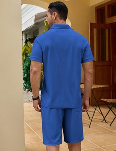 Ensemble polo et short pour homme, imprimé floral bleu, respirant, en molleton 220g, tricoté 100% polyester, vêtements décontractés d'été, col polo - Product Image 3