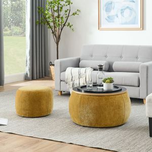 Pouf Contenitore Rotondo 2 in 1 Giallo Scuro (63,5x63,5x37,3 cm) - Piccolo Tavolino e Pouf Funzionale - Product Image 2