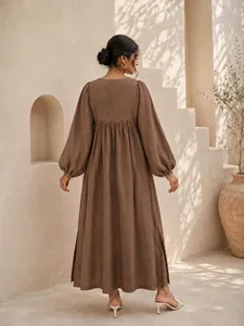Boho Brown Solid Plain Cotton Maxi <b>Dress</b> With Full Sleeve V-Neck <b>Loose</b> Fit Summer Casual <b>Dress</b> For Women - Product Image 4