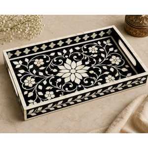 Plateau Organisateur Décoratif Rond Artisanal Haut de Gamme en Os Incrusté avec Motif Mosaïque Géométrique Intemporel pour Bijoux, Parfums, Bougies - Product Image 4