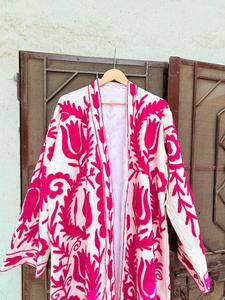 Robe de bain pour femme en coton 100% écologique, rose, à fleurs, style Suzani, manches longues, col en V, avec ceinture, pour l'été - Product Image 5