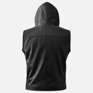 Chaleco de cuero genuino para hombre, estilo motociclista con capucha, diseño de solapa y cremallera diagonal, sin mangas, de piel de vacuno, servicio OEM, transpirable - Product Image 2