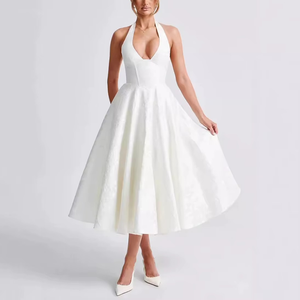 Robe longue personnalisée pour femme, nouvelle collection, col en V, sans manches, jacquard, à lacets, taille cintrée, haut de gamme, pour les vacances - Product Image 1