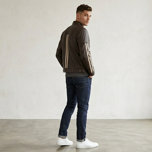 Blouson moto homme en cuir véritable marron, col montant, fermeture éclair, coupe ajustée, style motard, pour l'automne - Product Image 4