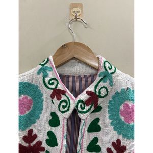 Floral Embroidered Cotton Winter <b>Jacket</b> Women Mandarin Collar Full Sleeve Open Front Handmade Design - Product Image 2