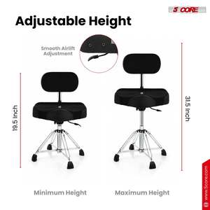 5 Core <b>Drum</b> Throne w Backrest 4" Padded Seat Airlift Height Adjustment 31.5" <b>Drum</b> Stool Velvet Seat - Product Image 3