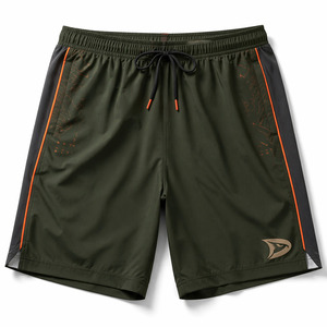 Shorts de pickleball personnalisés vert olive, anti-humidité, en poly-spandex, avec poches zippées et détails orange - Product Image 6