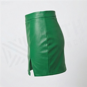 Jupe crayon mini en similicuir taille haute pour femme avec fente latérale, couleur verte unie, style sexy, toutes saisons, tissu tissé - Product Image 3