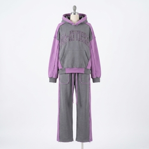 Custom Gray <b>Purple</b> Color Block Hoodie Wide Leg Sweatpants Set Cotton Fleece Streetwear <b>Tracksuit</b> OEM Wholesale - Product Image 3
