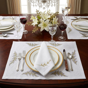 Custom Wholesale Luxury Classic Embroidered Organdy Leaves <b>Placemats</b> Napkins Sets Linen Washable Reusable for Home Wedding Event - Product Image 1