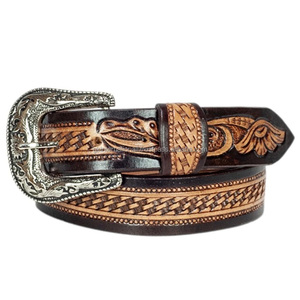 Nouvelle ceinture unisexe en cuir pleine fleur 100 % véritable, gravée de motifs floraux, avec boucle ardillon en laiton antique de designer - Product Image 3