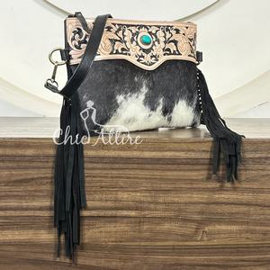 Nouveau sac à bandoulière en cuir de vachette véritable, style western, avec franges, motif floral gravé à la main, accent turquoise, pour femme - Product Image 1
