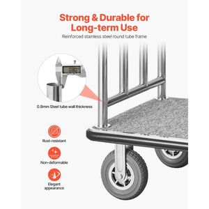 Hotel Luggage Cart 1200 LBS Load Capacity <b>Brushed</b> Stainless Steel Finish Bellman's Cart Valet Cart with Grey Carpeted <b>Deck</b> - Product Image 3