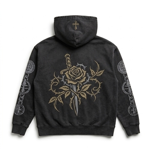 Unisex Black Acid Wash Zip Hoodie Rose Dagger Print Distressed <b>Gothic</b> Streetwear French Terry Fleece <b>Jacket</b> Custom Logo - Product Image 3