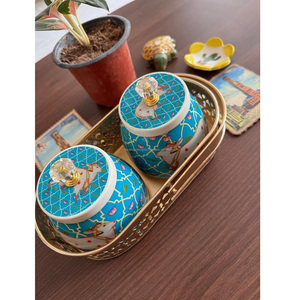 Container <b>Jar</b> Box Meenakari Design Return Gift Set with Metal Oval Basket Cover 250ml BLUE - Product Image 1