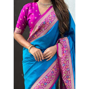 Elite Weaves Blue Silk Saree with Paithani Pallu Kadiyal Zari Woven Elegant <b>Club</b> <b>Dresses</b> 0.65g - Product Image 4