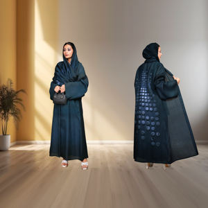Abaya de Lino con Frente Abierto, Diseño Artístico en la Espalda, Estilo Contemporáneo y Modesto, Largo hasta el Suelo, Elegante Estilo de Oriente Medio, Talla Grande para Eid - Product Image 1