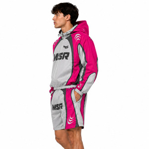 Conjunto Corto de Nylon Rosa y Gris Personalizado de Moda para Hombre, Traje Cortavientos con Bloques de Color, OEM ODM, Etiqueta Privada, Ropa Urbana, Ropa Deportiva, Sudaderas con Capucha - Product Image 3
