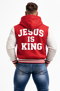 Blouson universitaire pour homme avec motif chrétien « Jésus », couronne d'épines et mains croisées - Bomber à capuche rouge et blanc pour les tenues de foi - Product Image 5