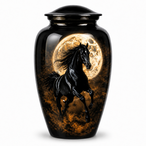 Hermosa urna funeraria de metal (latón/aluminio) con diseño de Luna Azul Antigua y Caballo Blanco para cenizas de adultos. - Product Image 4