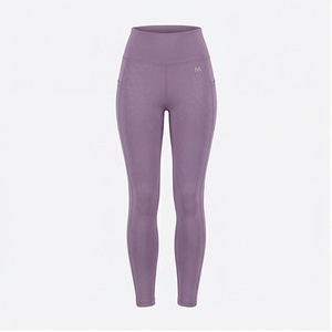 Leggings de yoga taille haute pleine longueur avec poches, violet uni, en Spandex et Polyester, sans couture, extensibles dans les quatre sens, vêtements de sport pour femmes - Product Image 1