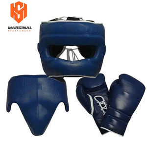 Hot Selling Premium Fly <b>Silver</b> Blue Boxing Sparring Sets Genuine Leather Training <b>Gloves</b> Adjustable Strap Headgear Groin Guard - Product Image 1