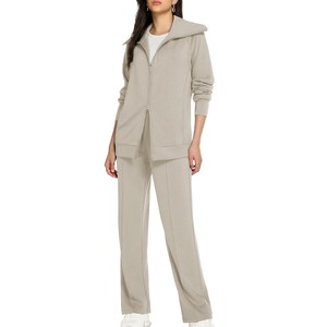 Ensemble de survêtement beige pour femme, couleur unie, manches longues, fermeture éclair, décontracté, respirant, coupe régulière, idéal pour le printemps - Product Image 2