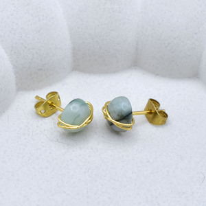 <b>Emerald</b> Wire Wrap Earrings 8mm | Round Green Gemstone <b>Studs</b> | Dainty Birthstone Jewelry - Product Image 4