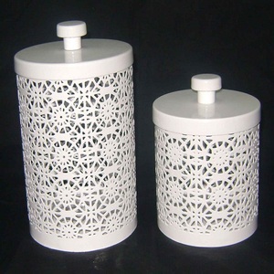 <b>Decorative</b> Pink Purple Paisley Laser Cut Cylindrical Metal Canister Set 2 Powder Coated Stainless Steel Food Grade Storage - Product Image 5